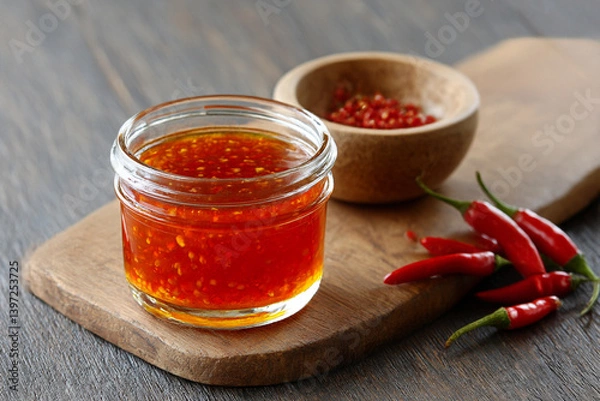 Fototapeta Bright red chili sauce is displayed in a glass jar alongside fresh red chilies and a wooden bowl of chili seeds on a rustic wooden surface