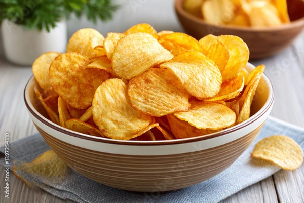 Fototapeta A bowl filled with golden brown potato chips sits on a light wooden table next to a gray napkin and a small plant