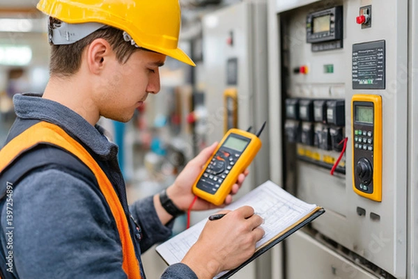 Fototapeta Skilled technician wearing a safety helmet checks electrical systems while taking notes in an industrial setting during the day