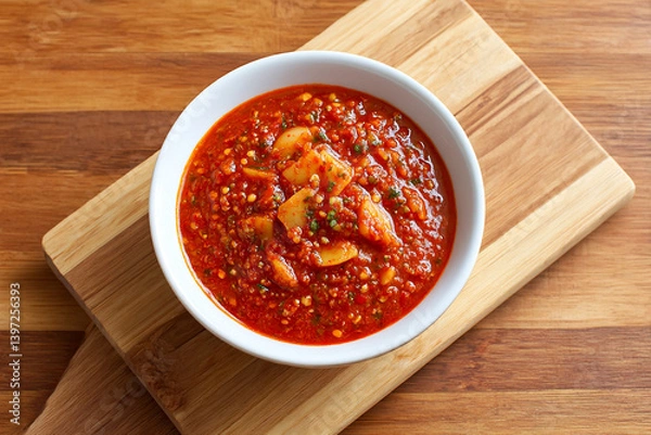 Fototapeta A flavorful tomato-based dish features spices and assorted vegetables, presented in a white bowl on a wooden surface, inviting and appetizing