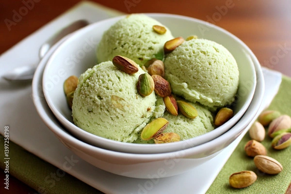 Fototapeta Three scoops of pistachio ice cream topped with roasted nuts are placed in a white bowl on a wooden table, creating a delightful dessert