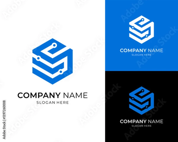 Fototapeta Tech Circuit Connection Hexagon Modern For Technology Cyber Security Vector Logo Design Illustration