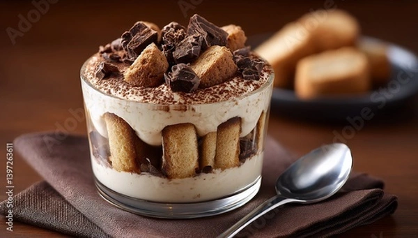Fototapeta Creamy dessert layered with coffee-soaked biscuits and chocolate