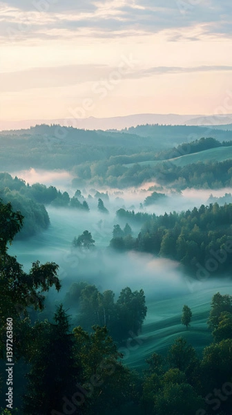 Fototapeta Misty Morning: Rolling Hills and Forests Bathed in Soft Light, a Serene Landscape