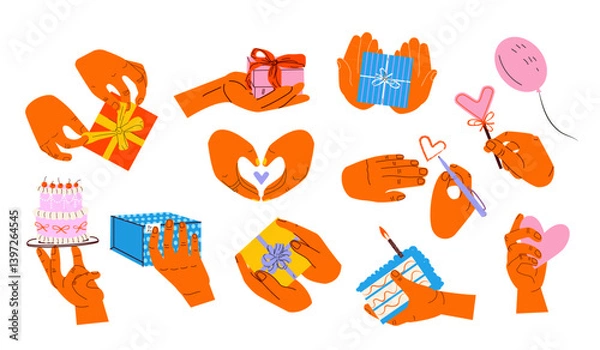 Obraz Set of trendy holiday Birthday elements. Hands holding presents, gift boxes, heart, cake. Modern retro grunge stickers. For greeting card, poster, invitation, flyer, banner, email header