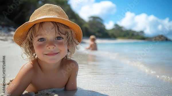 Fototapeta Child on beach with hat