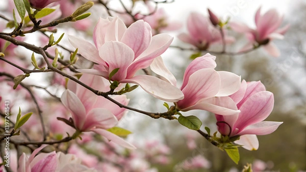Fototapeta twig with blooming pink magnolia flowers close up over blue background, beautiful pink magnolia flowers blooming in the garden
