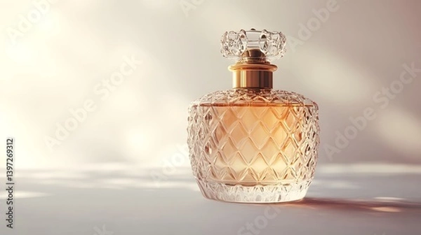 Fototapeta A luxury perfume bottle illuminated with the soft glow, displaying the intricate crystal details. A high angle shot that evokes feelings of luxury, femininity, and elegance.