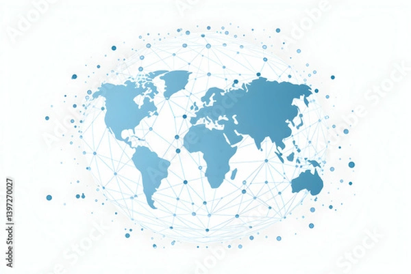 Fototapeta A simple vector graphic of the Earth with blue dots representing a global network, against a white background