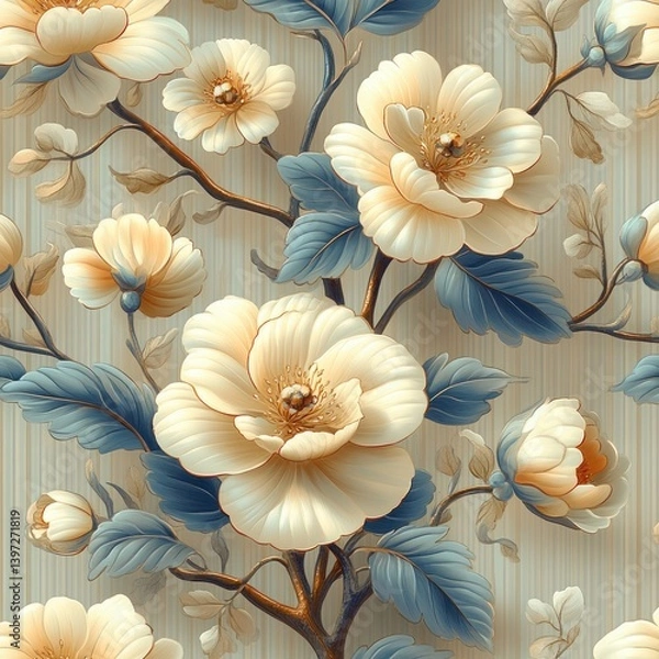 Fototapeta Floral Vintage Botanical Pattern with Soft Pastel Colors and Stripes