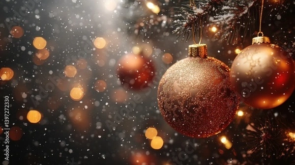 Fototapeta Festive ornaments hang on a tree with bokeh lights and snowfall