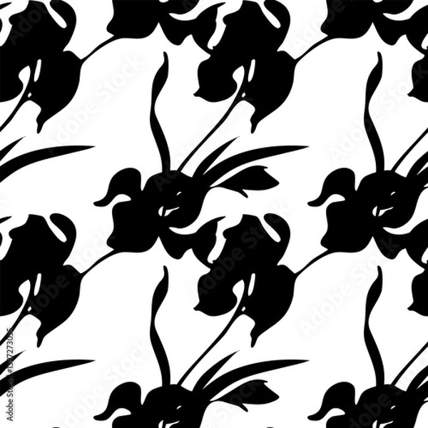 Obraz Black silhouettes of flower iris plants  vector pattern.
