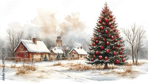 Fototapeta Snowy village scene with a decorated evergreen tree and cozy, snow-covered buildings
