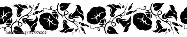 Obraz Horizontal seamless vignette with morning glory (bindweed) flowers. Vector black and white floral seamless border