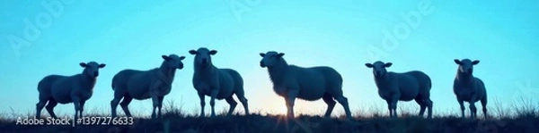 Obraz Silhouetted sheep standing together against a bright blue sky, hayfield, vector