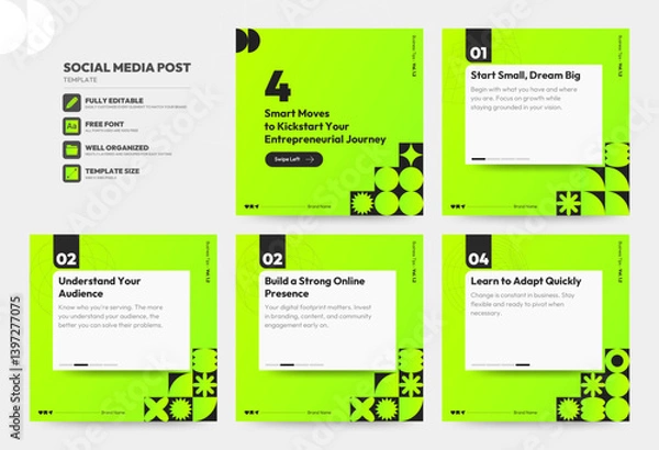 Obraz Social media carousel post template. Business Instagram and facebook square post template. Instagram tips post collection tutorial, tip, trick, quick tips, layout template design