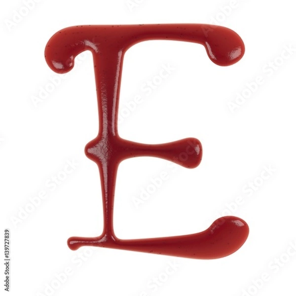 Fototapeta Hand Drawn Liquid letter E Made in Ketchup or Tomato Sauce Isolated on White Background 3d Rendering