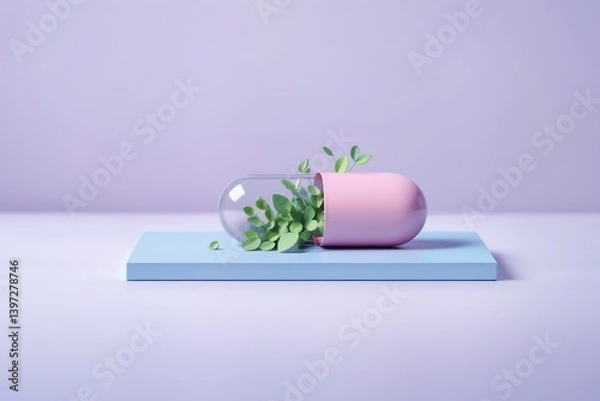 Obraz Minimalistische Szene mit pastellrosa Kapsel, aus der pastellgrüne Blätter auf pastellblauer Fläche vor pastelllavendelfarbenem Verlauf wachsen – Symbol für Naturmedizin und Heilung.
