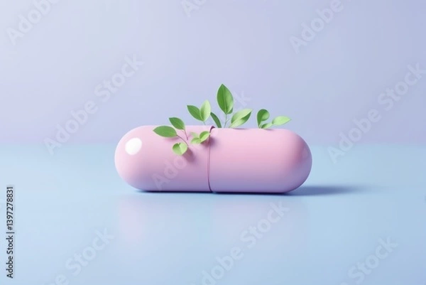 Obraz Minimalistische Szene mit pastellrosa Kapsel, aus der pastellgrüne Blätter auf pastellblauer Fläche vor pastelllavendelfarbenem Verlauf wachsen – Symbol für Naturmedizin und Heilung.
