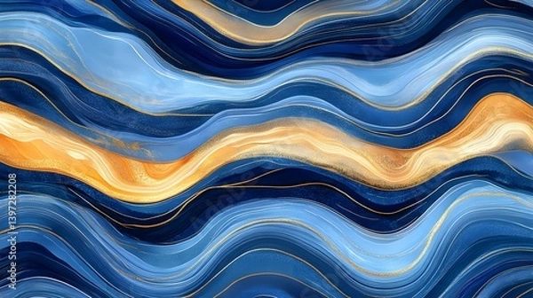 Fototapeta Abstract Waves of Blue and Gold in Dynamic Flowing Pattern