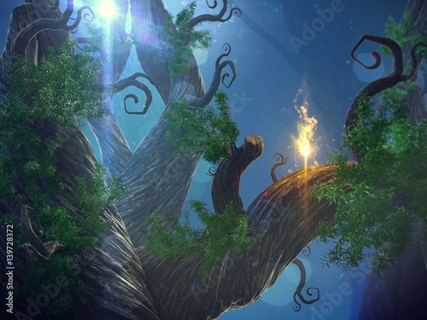 Fototapeta 3D illustration of a fairytale forest in a idyllic landscape at night in the moonlight.