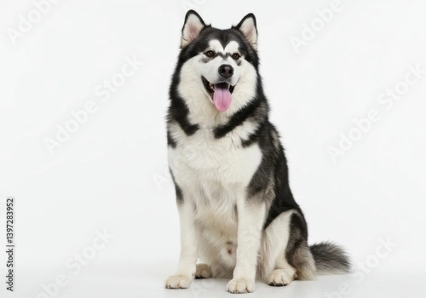 Fototapeta Beautiful malamute dog sitting with tongue out and happy expression on a white background indoors