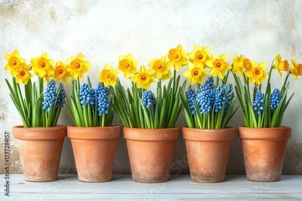 Fototapeta vibrant daffodils and grape hyacinths in terracotta pots with springtime flowers and textured background