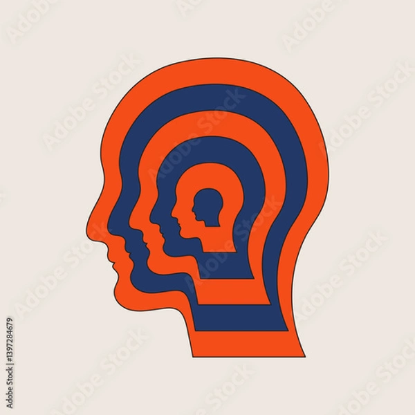 Fototapeta Nested Human Heads, Vector Illustration EPS 10, layered human head silhouettes,  psychology, identity, self-reflection, or levels of consciousness, mental health, philosophy, personal growth