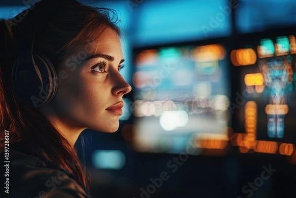 Fototapeta Focused woman with headphones looks at blurred computer screens. Ideal for tech, gaming, coding, or the future of work concepts.