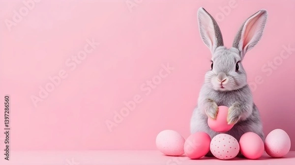 Obraz Cute Bunny with Colorful Eggs on Pink Background for Easter Theme