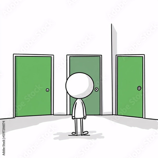 Fototapeta A cartoon stick figure stands in front of three identical green doors, seemingly pondering which one to choose