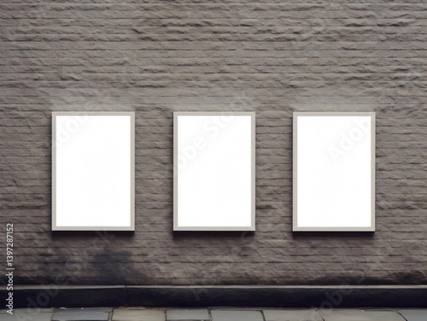 Fototapeta Empty Frames: Three blank picture frames hang neatly on a weathered brick wall, their emptiness offering a world of potential. Ready for artwork, design, or message.