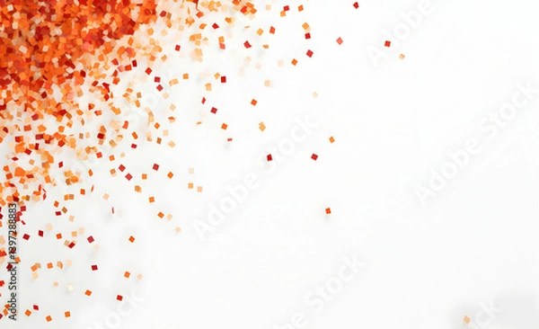 Fototapeta Red and orange confetti falling on a white background.
