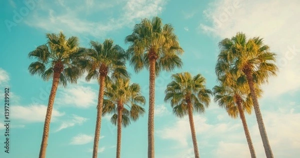 Fototapeta Lush Palm Trees Against a Bright Blue Sky with Soft Clouds in a Tropical Paradise Setting