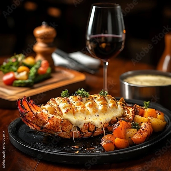 Fototapeta Grilled Lobster Tail with Garlic Butter Sauce, Roasted Vegetables, and Red Wine