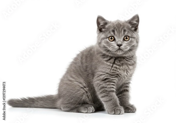Obraz Gray kitten with striking orange eyes sitting on a white background looking curiously at camera