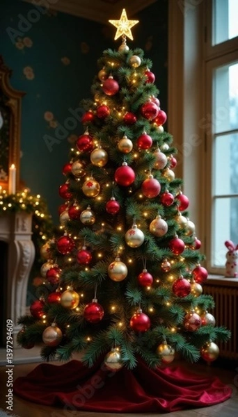 Fototapeta Ornate Christmas tree adorned with glass balls, ribbons, and garlands, Sparkling Colors, Winter Beauty, Seasonal Foliage