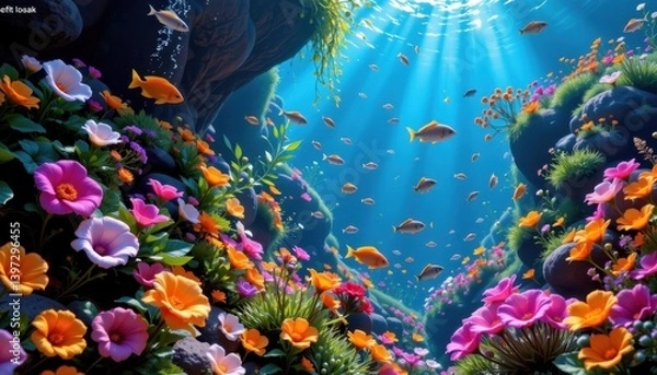 Fototapeta Underwater Bloom A vibrant underwater garden where flowers have evolved to thrive beneath the waves, surrounded by colorful fish.