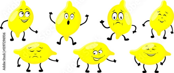 Fototapeta Lemon smile vector cartoon drawing, funny fruit people with different emotions. Children's sketches for stickers and packaging.