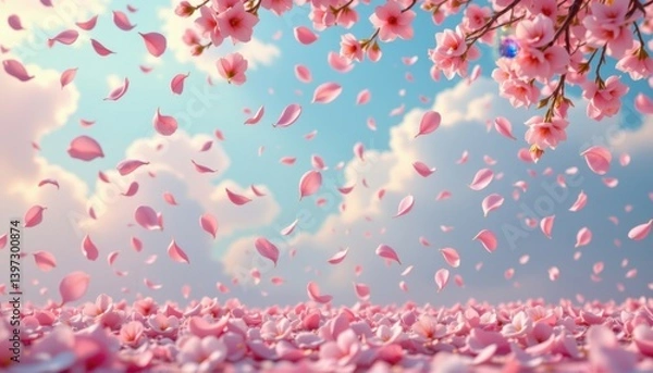 Obraz Delicate Petal Rain A scene depicting a gentle rain of flower petals cascading down from a pastel sky, creating a serene ambiance.