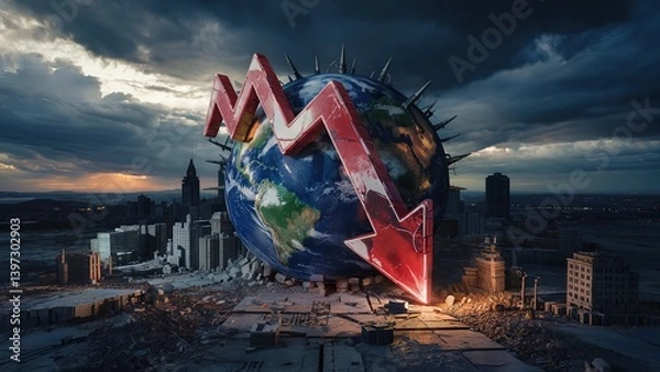Obraz Downward red arrow hovering near planet earth, encircled by missiles, devastated urban landscape revealing global economic tension.