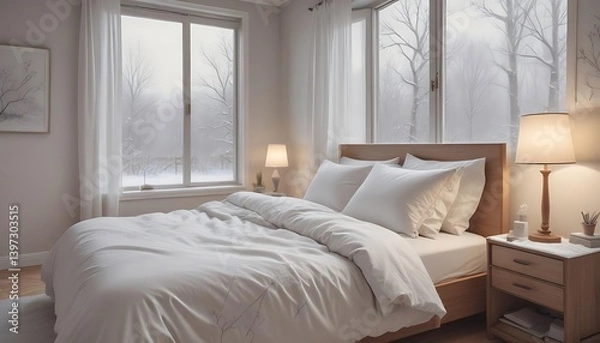 Fototapeta A cozy bedroom with a large bed near a window