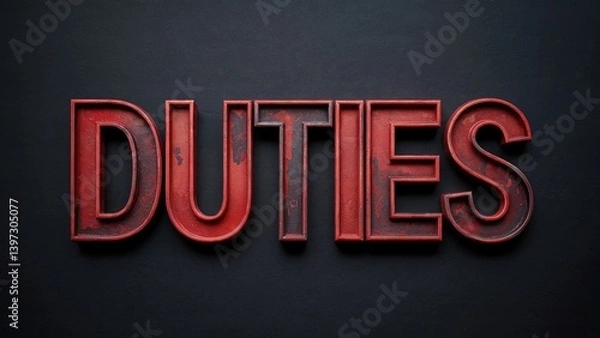 Obraz Red rusty metal letters spelling the word duties laying on a textured black background, representing work and responsibility.