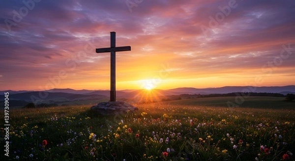 Fototapeta cross at sunset
