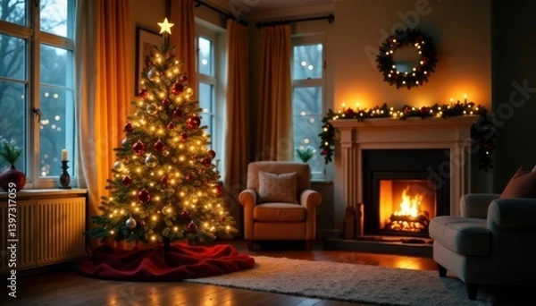 Fototapeta Glowing Christmas tree in a warm and inviting living room setting with scattered holly leaves and festive decorations, glowing Christmas tree, warm ambiance