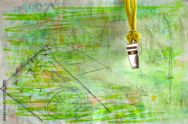 Obraz soccer tactics scribble on grungy green background  and whistle of soccer referee or trainer. Great soccer event this year.Free copy space