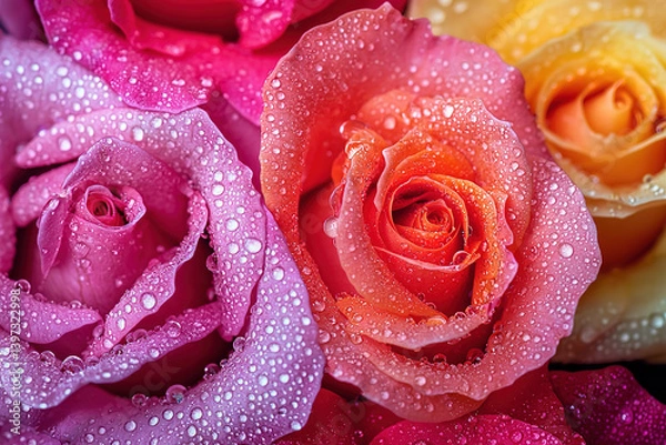 Fototapeta A close-up of colorful roses with water droplets