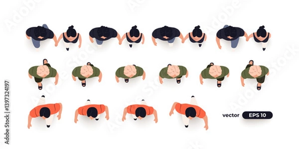 Fototapeta Top view of people set isolated. Men and women. View from above. Vector illustration. A couple walks hand in hand. Male and female characters. Simple flat style design. Realistic silhouettes.