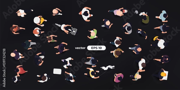 Fototapeta Top view of people set isolated. Men and women. View from above. Vector illustration. Male and female characters. Simple flat style design. Realistic silhouettes.