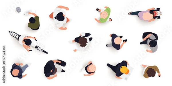 Fototapeta Top view of people set isolated. Men and women. View from above. Vector illustration. Male and female characters. Simple flat style design. Realistic silhouettes.